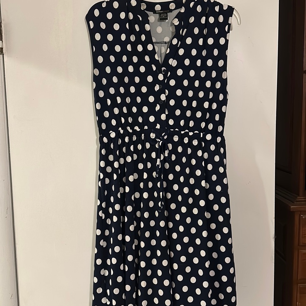 Navy with white polka dot dress.  Perfect for spring & summer parties!